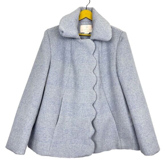 Gal Meets Glam Scalloped Houndstooth Check Pea Coat XL Wool Blend Blue White - Picture 2 of 13